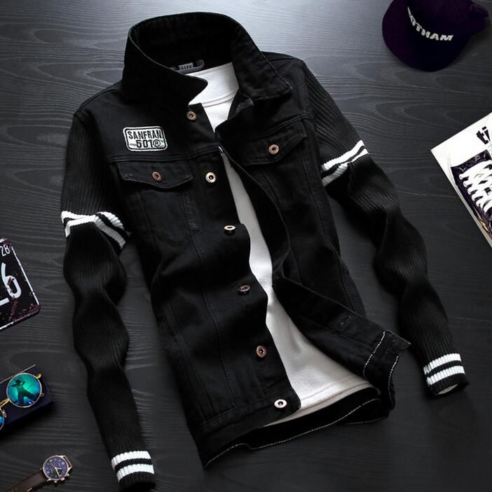 Wholesale Men Knitted Sleeve Denim Jacket Embroidery Badges Embellished