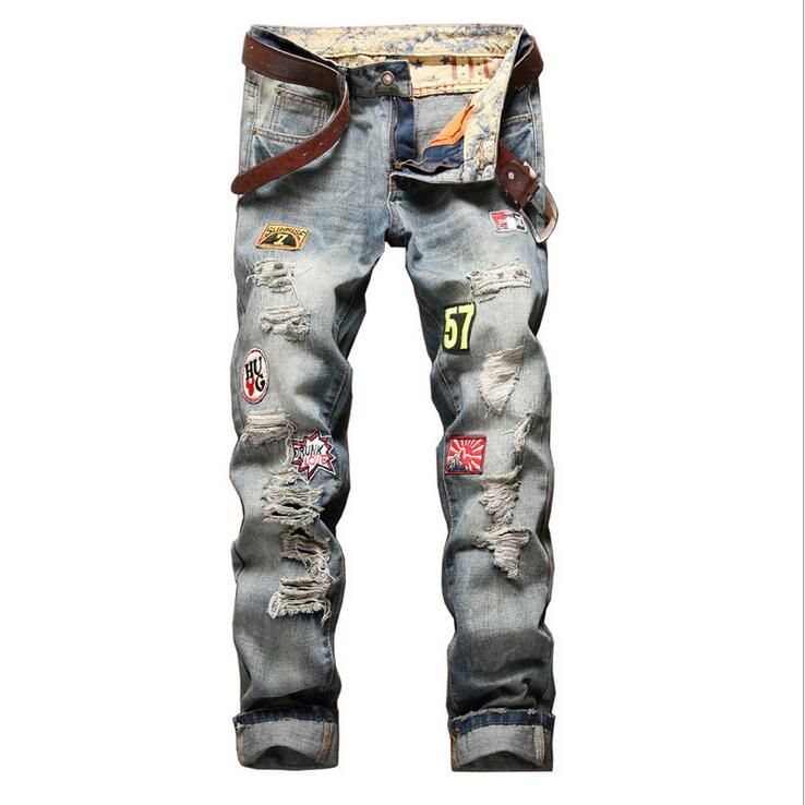 2019 Mens Fashion Designer Ripped Jeans Retro Blue Badge Washed Biker ...