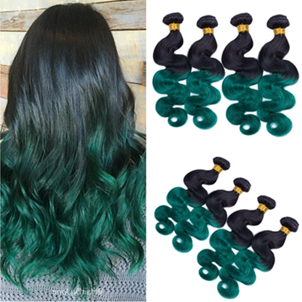 1b Green Ombre Brazilian Human Hair Weave Wefts Black To Dark
