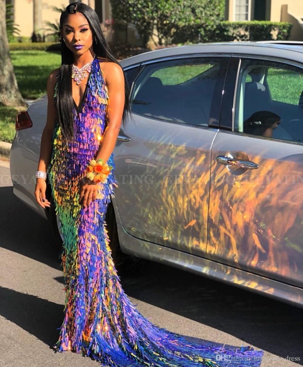 Sparkly Colored Sequin Backless Mermaid African Prom Dresses 2019 Sexy ...