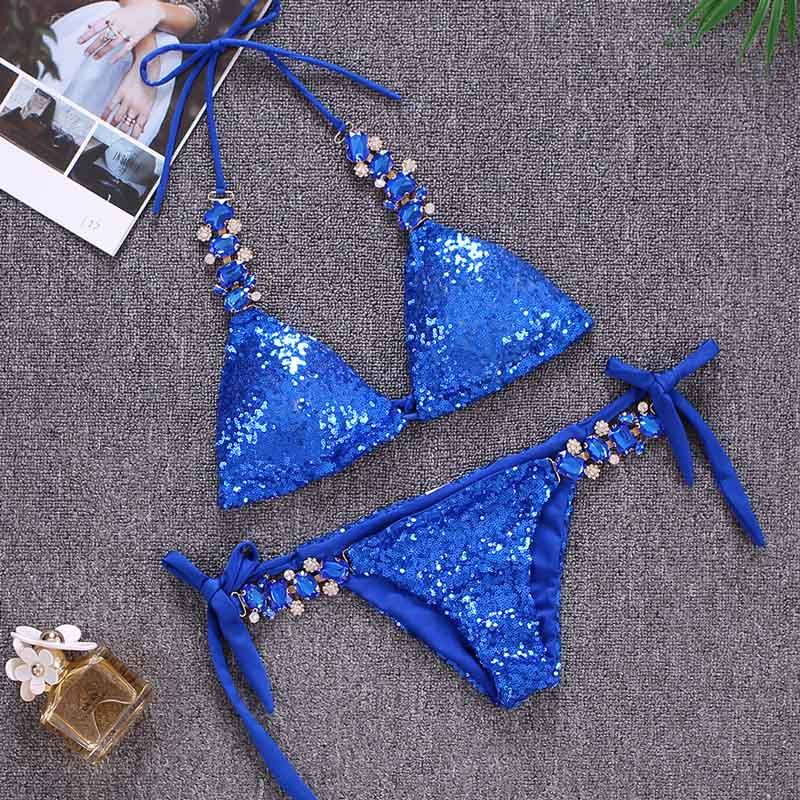 2019 Hot Sale Sexy Bikinis Sequins Golden Women Bandage Bikini Set Push Up Padded Strappy