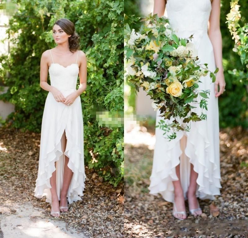 2019 Simple High Low Beach Wedding Dresses Spaghetti Straps Lace Chiffon Short Front Long Back Bridal Gowns Custom Made Vestidos De Novia