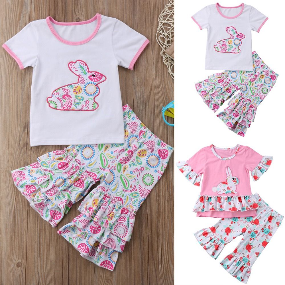 2021 Wholesale Kids Designer Clothes Girls Toddler Short Sleeve Rabbit T Shirt Dress+Ruffle