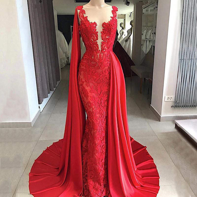 2019 Bright Red Mermaid Lace Wedding Dresses Sexy Deep V