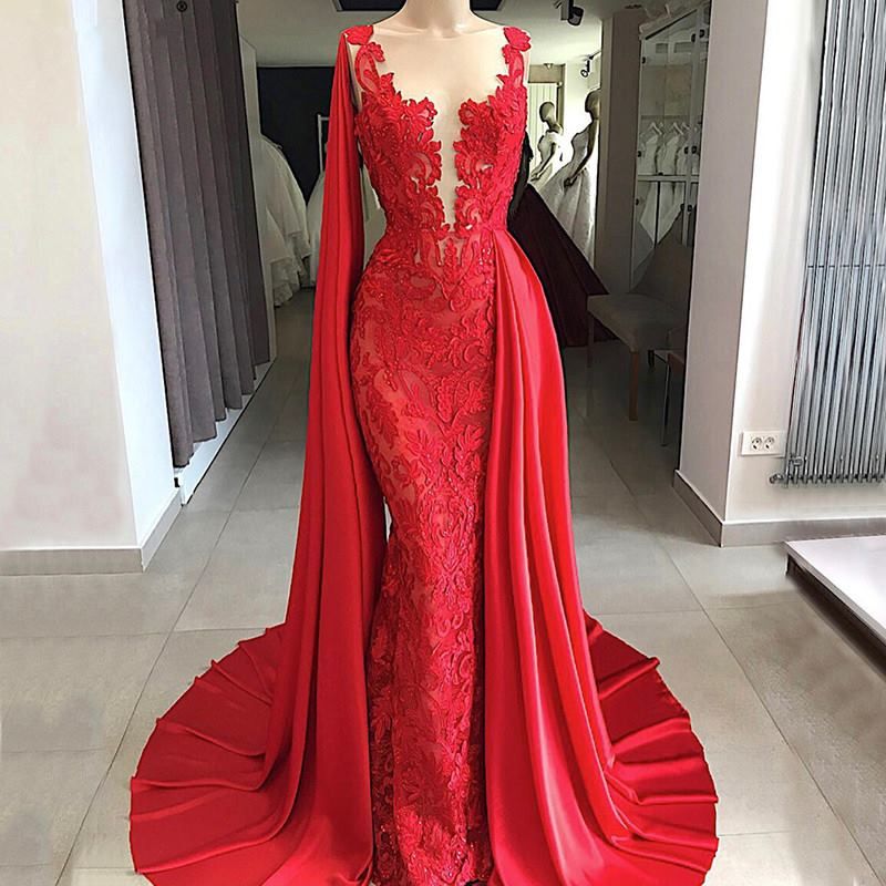 2019 Bright Red Mermaid Lace Wedding Dresses Sexy Deep V Neck Bridal