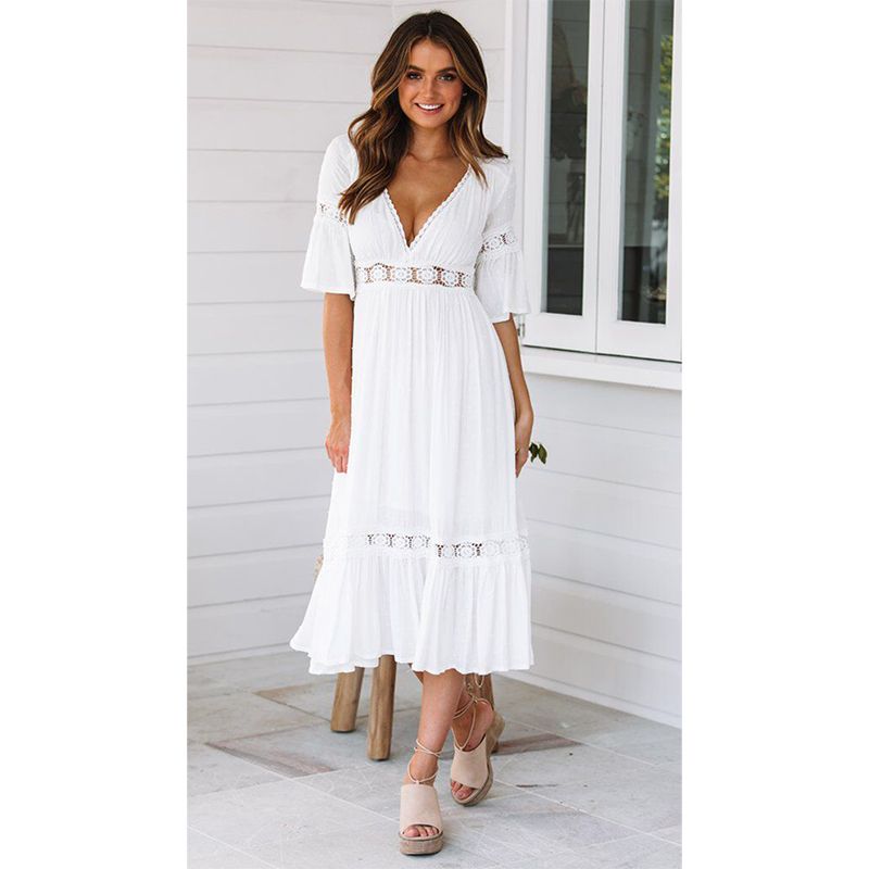 Ordifree 2019 Summer Women White Maxi Dress Sundress Sexy Lace Crochet Long Tunic Beach Dress Y190507