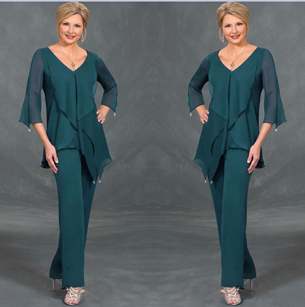 Dark Green Chiffon Mother Of The Bride Suits Pants 2020 V Neck Long Sleeves Irregular Plus Size 