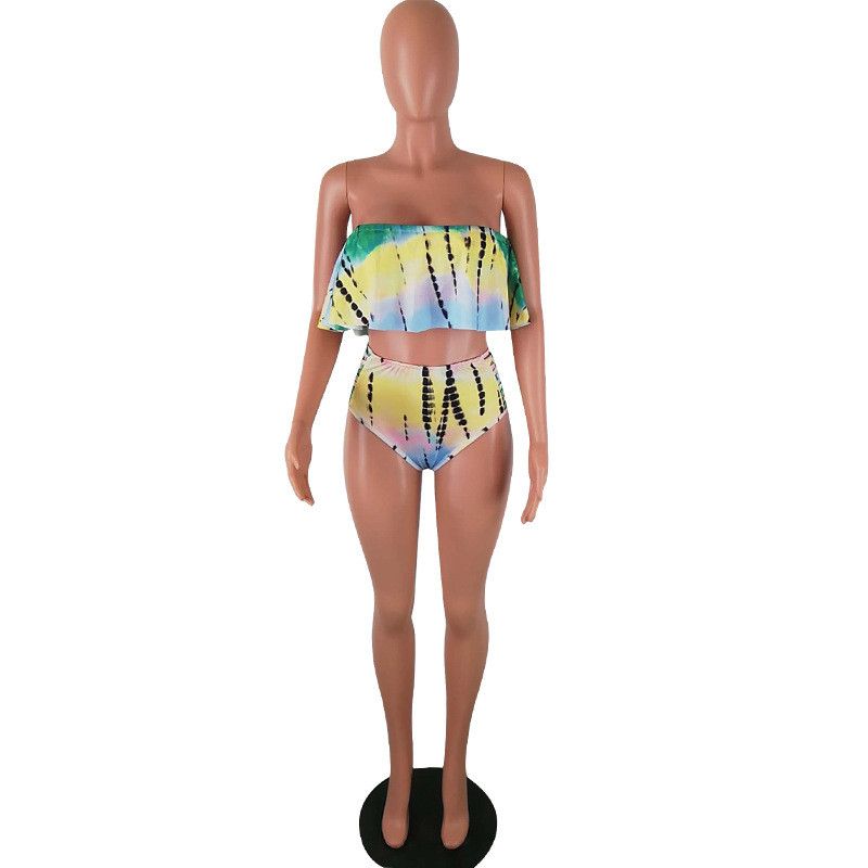 Piezas Tie Dyed Bikini Del Falbala Mujeres Gradiente Traje Strapless TopHipster Flouncy De Hombro Sexy Ruffle 2 Fuera Baño 34AqjLR5