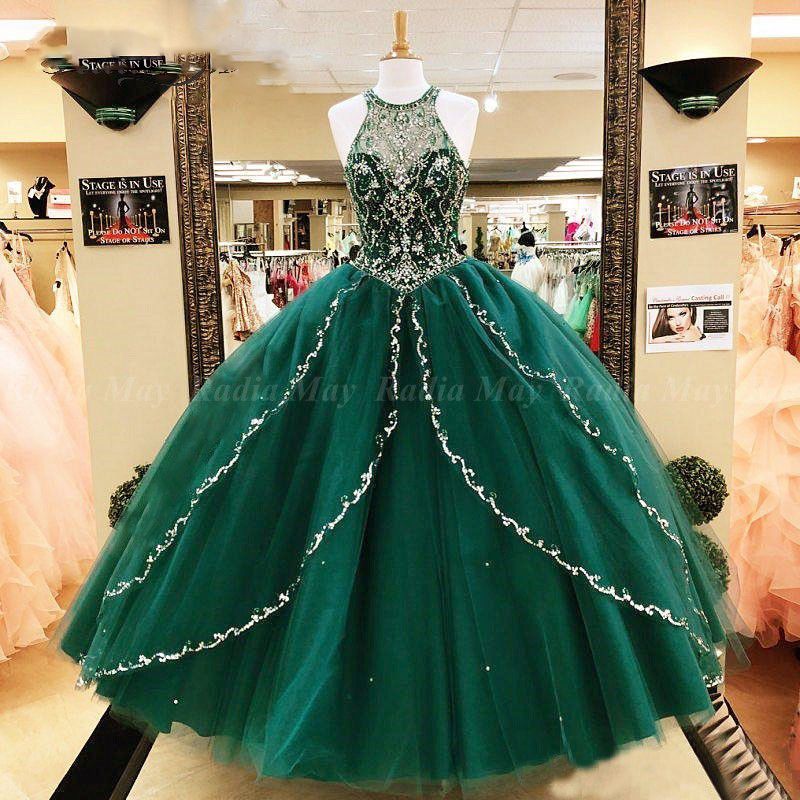 Emerald Green Tulle Ball Gown Quinceanera Dress 2020 Sparkly Beaded