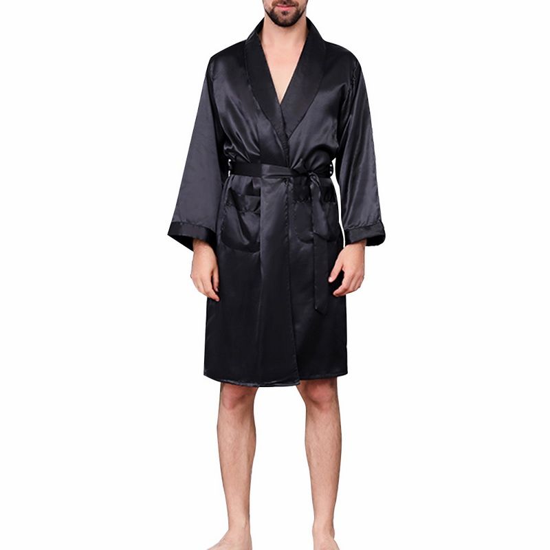 2019 Men Black Lounge Sleepwear Faux Silk Nightwear For Men Comfort ...