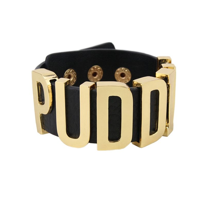 fashion letters leather bracelet punk gold metal letter snap button