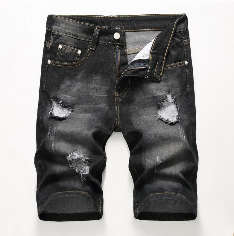 2021 Cheap Men Designer Slim Ripped Black Denim Shorts Distressed Short