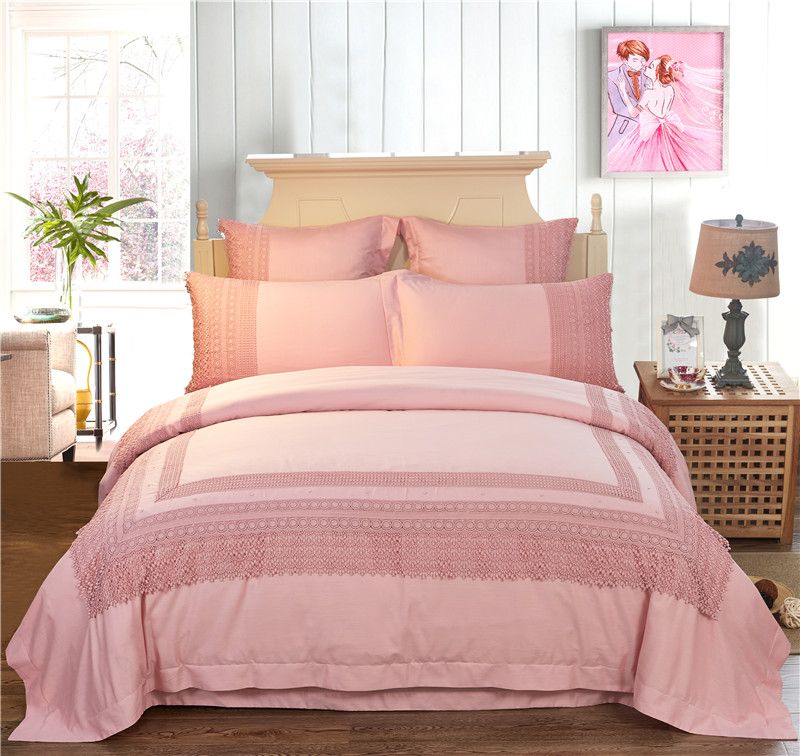 4 Queen King Size Pink Cream Lace Bedding Set Princess Style Royal 4 Queen King Size Pink Cream Lace Bedding Set Princess Style Royal Cotton Linen Duvet Cover Bed Sheet Pillowcase Luxurious Elegant