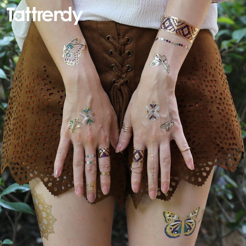 Acheter Or Tatouage Temporaire Flash Bras épaule Oiseau Papillon Plume Couleur Bleu Bracelet En Métal Bijou Autocollant Faux Femmes Tatouages N26 De