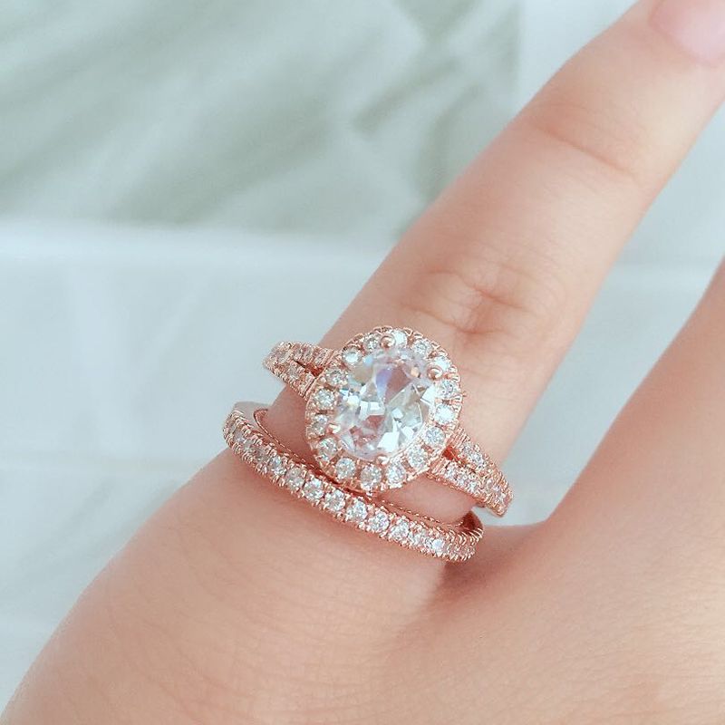 Oval Zirconia Alliance Rings Couple Paired Set Rose Gold Color