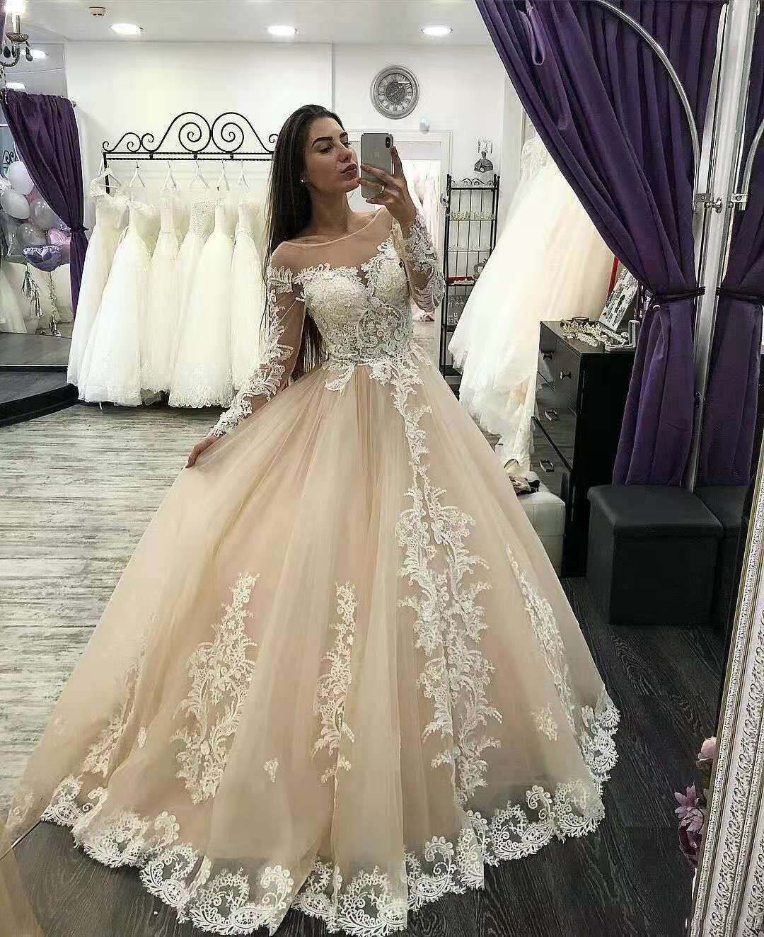 2020 Champagne Long Sleeves A Line Wedding Dresses Robes ...
