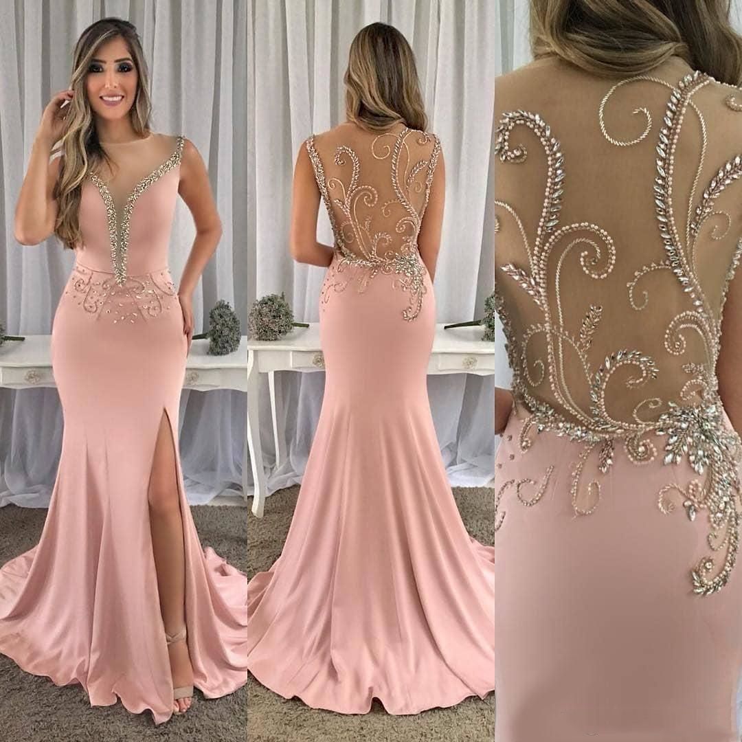 New Hot Cheap Pink Mermaid Prom Dresses Sheer Neck Crystal Beaded Side