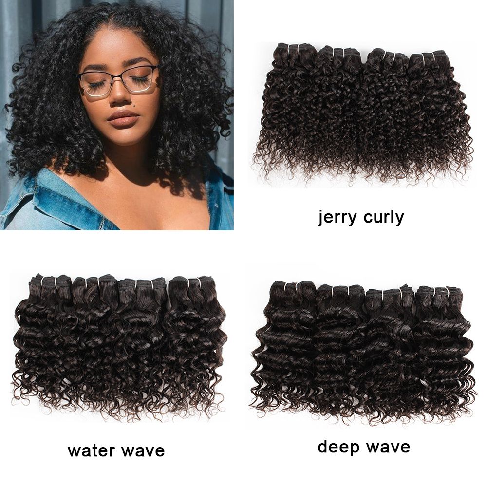brazilian curly human hair weave bundles deep water jerry curl natural  color short curly 10 12 inch 4 bundles/set remy hair extensions