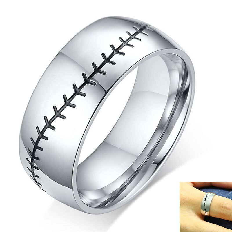 Baseball Stitch Ring For Men Glossy Stainless Steel Band Casual Male Anel Gym Sports Accesory ...