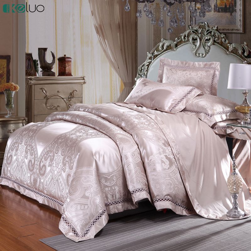 Keluo Jacquard Silk Cotton Luxury Bedding Set King Size Bed Lace Keluo Jacquard Silk Cotton Luxury Bedding Set King Size Bed Lace Duvet Cover Sheet Pillow Case Wedding Champagne Color Grey Comforter Sets Queen