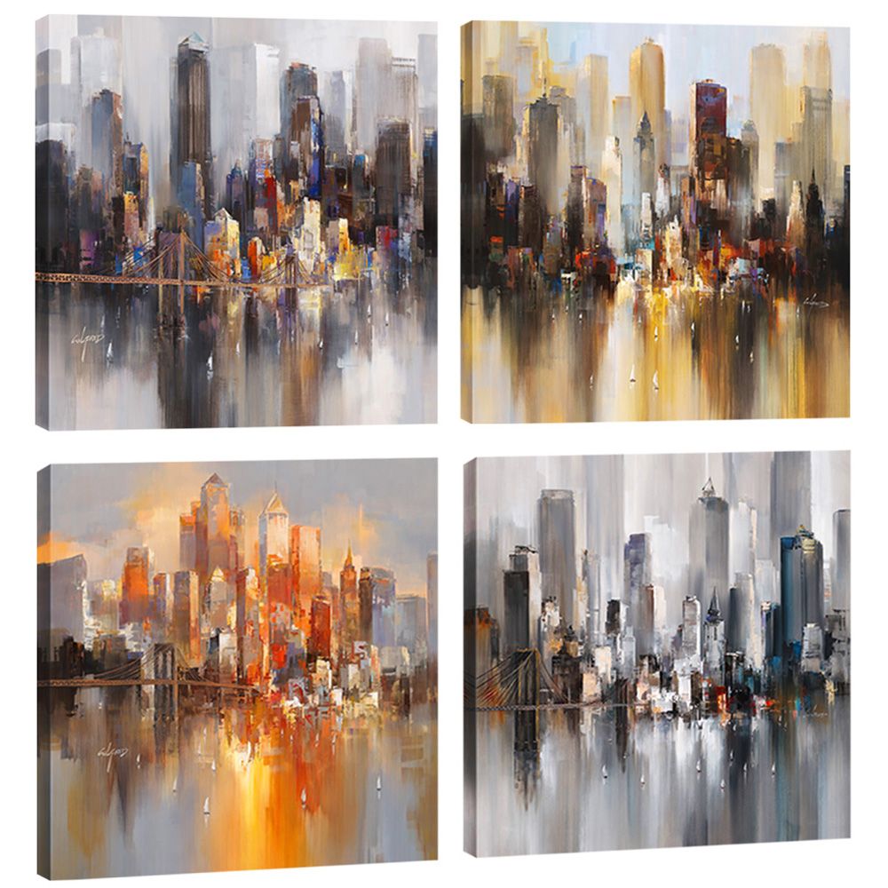 Amosi Art 4 Pieces Canvas Wall Abstract New York City Printings Landscape Painting Modern For Living Room Decor Stretched Framed