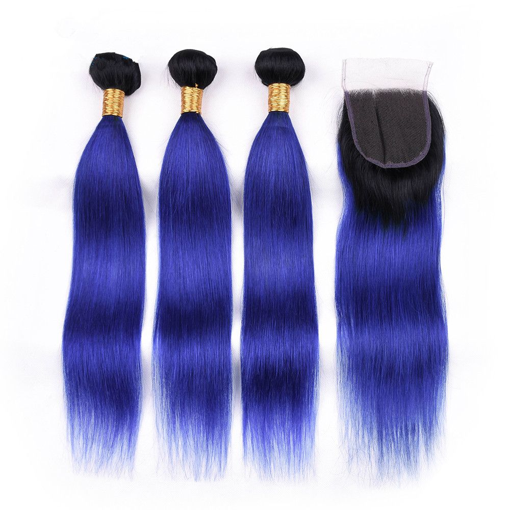 Body Wave 1b Blue Ombre Virgin Indian Human Hair Weaves Dark Root