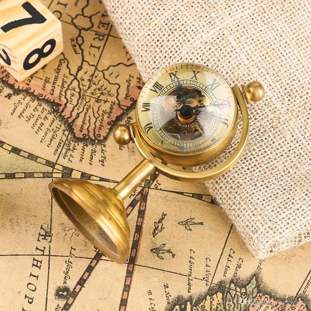 Spinning Globe Gold Pocket Watch Creative Home Decoration Watches Copper Table Clock Hand Winding Movement For Men
