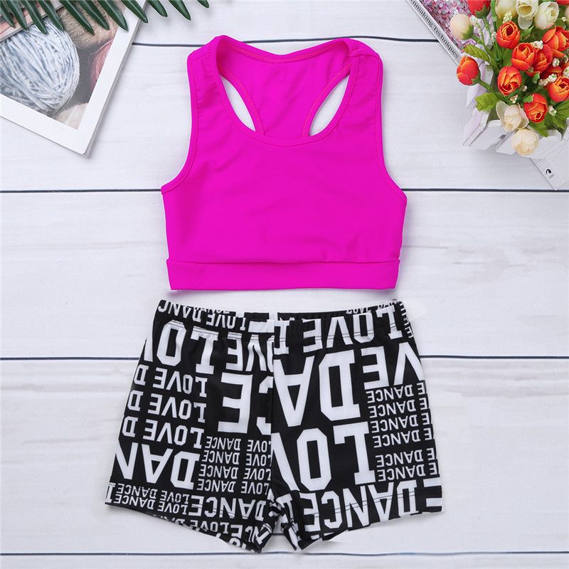 2PCS Kids Girls Tankini Outfit Printed Bottoms Set Ballet Danceware Gym Workout