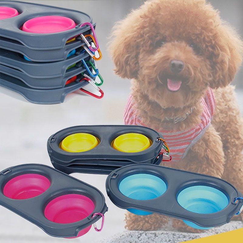 Collapsible Feeding Pet Food Bowls Silicone Cat Double Feeder Bowl