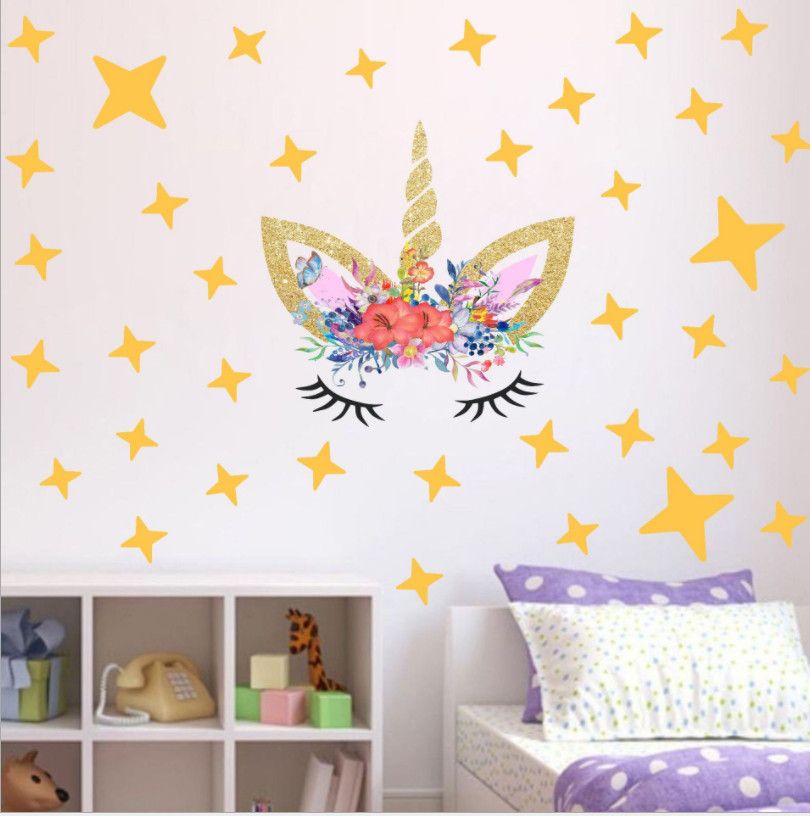 Creative Unicorn Stars Wall Stickers For Girls Bedroom Flowers Decals Gold Pink Polka Dots Decor
