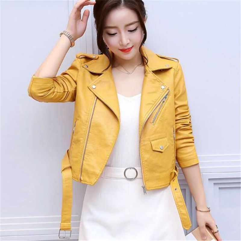 2019 Spring Bright Yellow Women Pu Leather Jackets Zipper Coat Turn Down Collar Female Pink Black Color