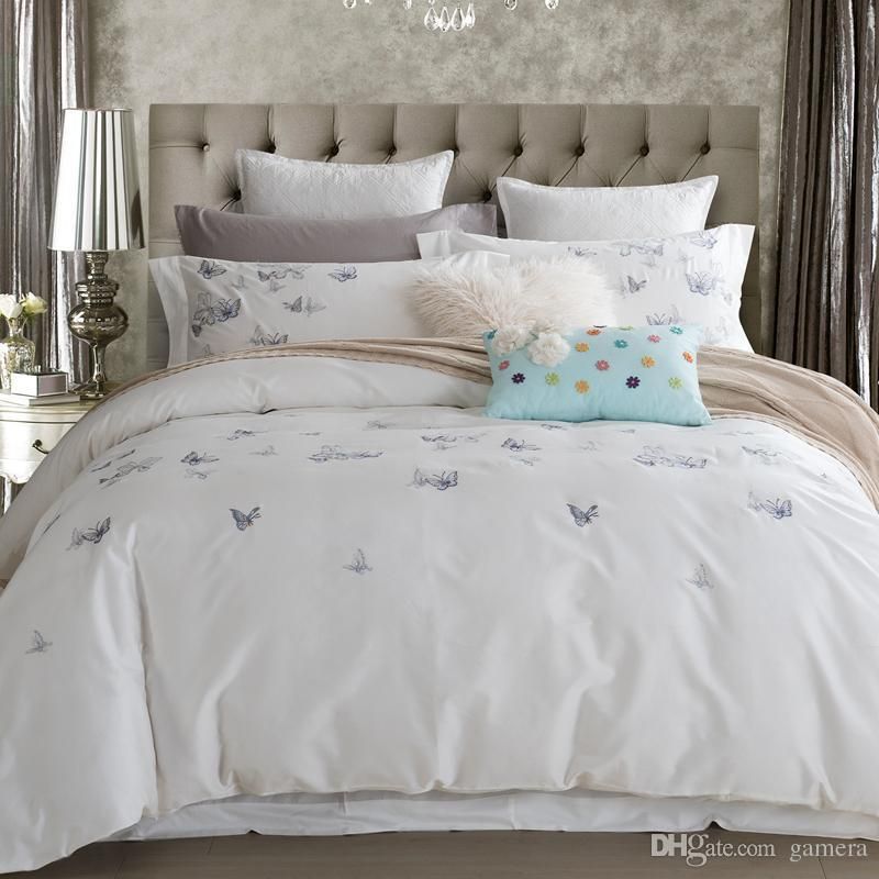 Whole 100 Cotton Erfly Bedding Set White Embroidered Whole 100 Cotton Erfly Bedding Set White Embroidered Bedroom Duvet Cover King Queen Size With Bed Sheet Pillowcase Denim