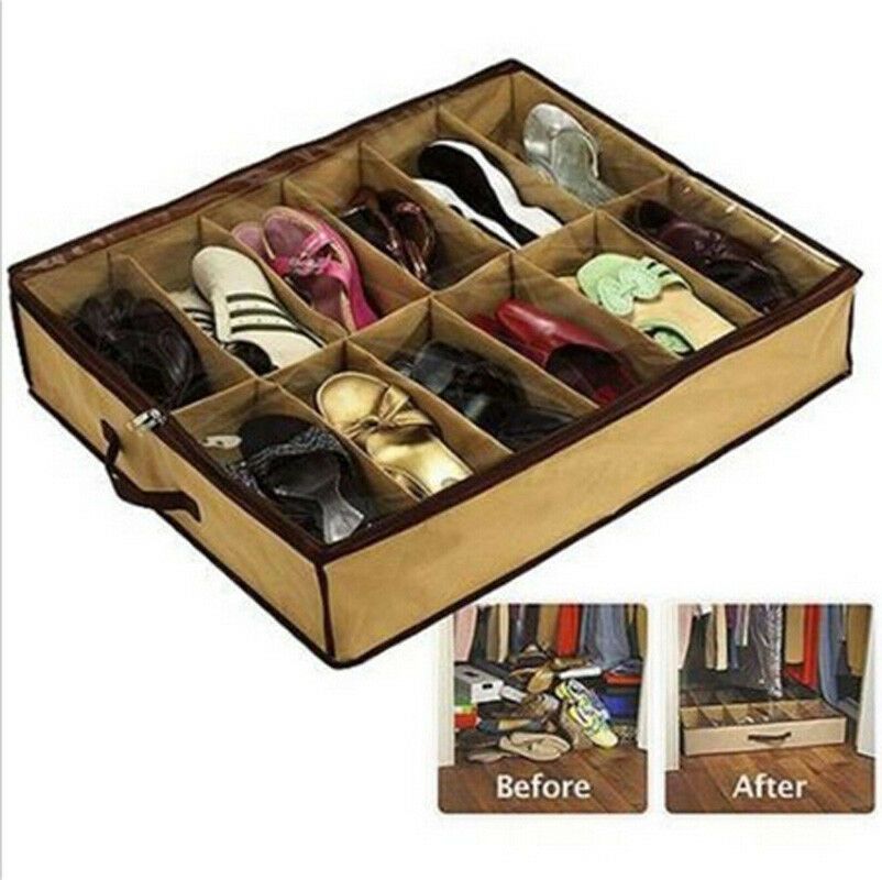 Home 12 Pocket Under Bed Foldable Shoe Box Container Storage Organizer