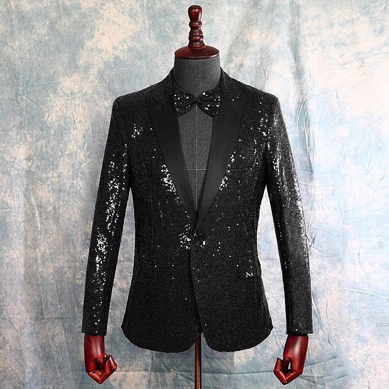 Sequins Black Men Suits For Wedding Peaked Lapel Groom Wear Tuxedos One ...