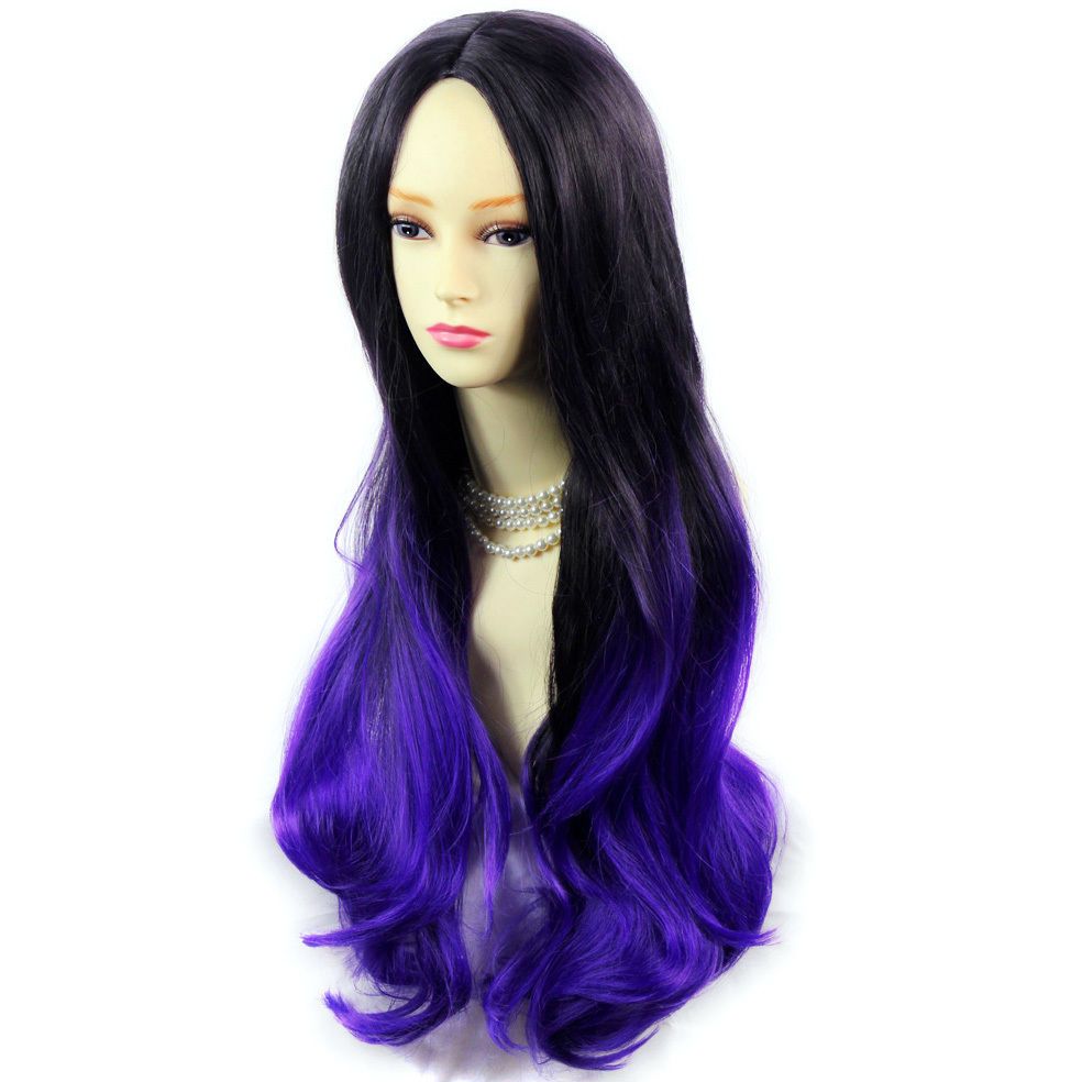 Amazing Black Brown Purple Long Wavy Lady Wig Dip Dye Ombre Hair