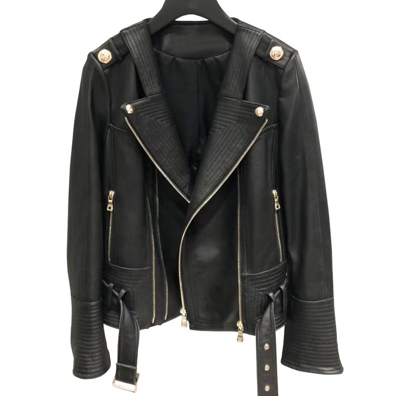 2020 Womens Leather Jacket Belt Sheepskin Jacket Short Lambskin Black