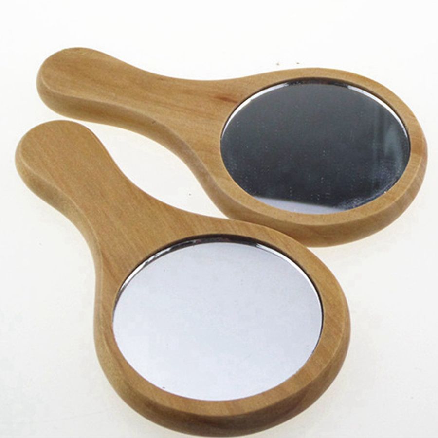 Natural Wood Mirror Wooden Hand Mirror Vintage Portable Compact Makeup