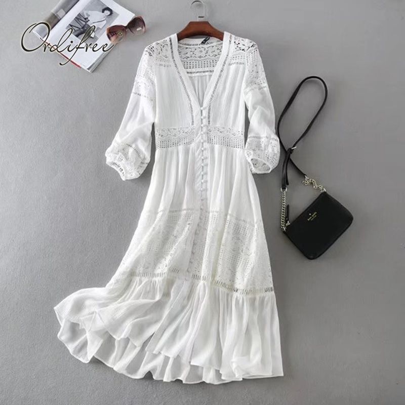 Ordifree 2019 été Femmes Longue Tunique Plage Robe Robe Longue Manches Longues Dentelle Blanche Sexy Boho Maxi Dress