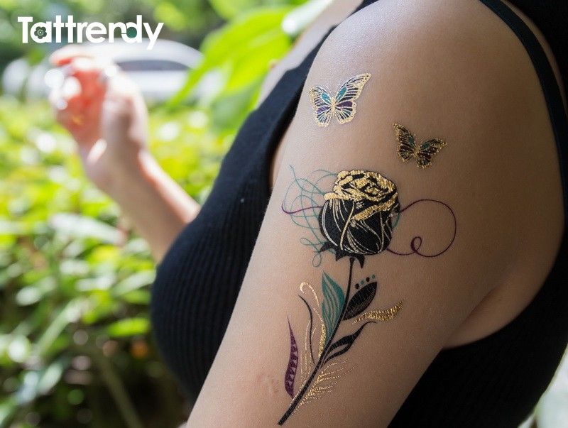 Acheter Or Tatouage Temporaire Flash Bras épaule Oiseau Papillon Plume Couleur Bleu Bracelet En Métal Bijou Autocollant Faux Femmes Tatouages N26 De