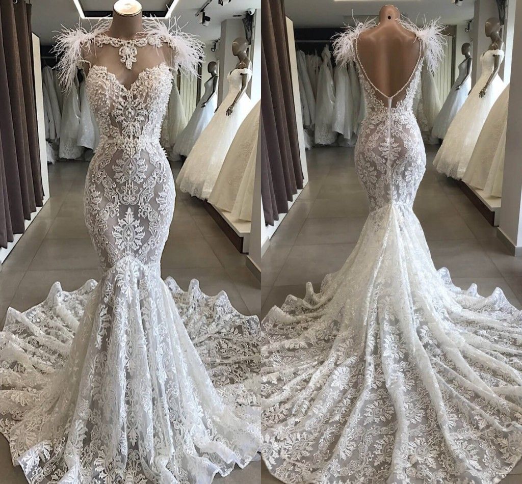 Luxury Feather Mermaid Wedding Dresses Lace Applique Sheer Neck Beads ...