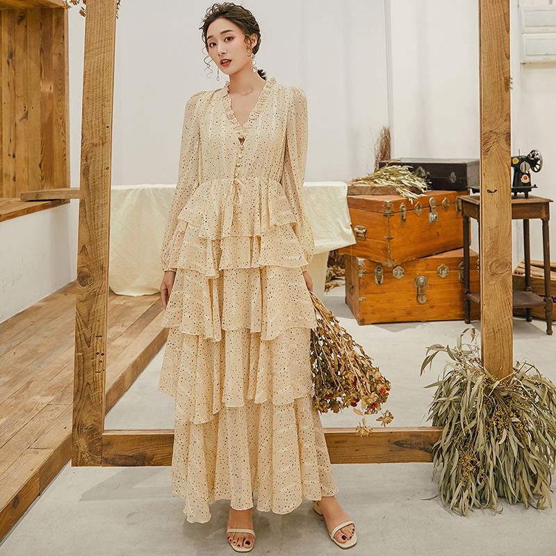 Maxi Dress Polka Dot Long Sleeve New Look Party Beach Holiday Wedding Formal Prom Women Layered Dresses 8019