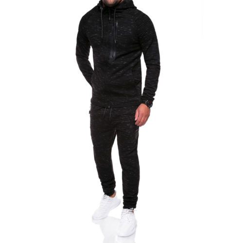 2020 Men Tracksuit Set Zip Up Hoodie Men'S Sets Suits Set Solid Black ...