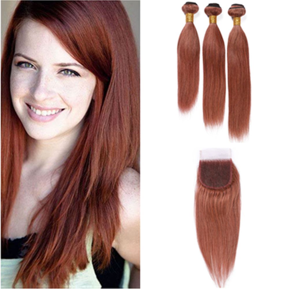 Copper Red Virgin Hair Closure With Bundles 33 Dark Auburn