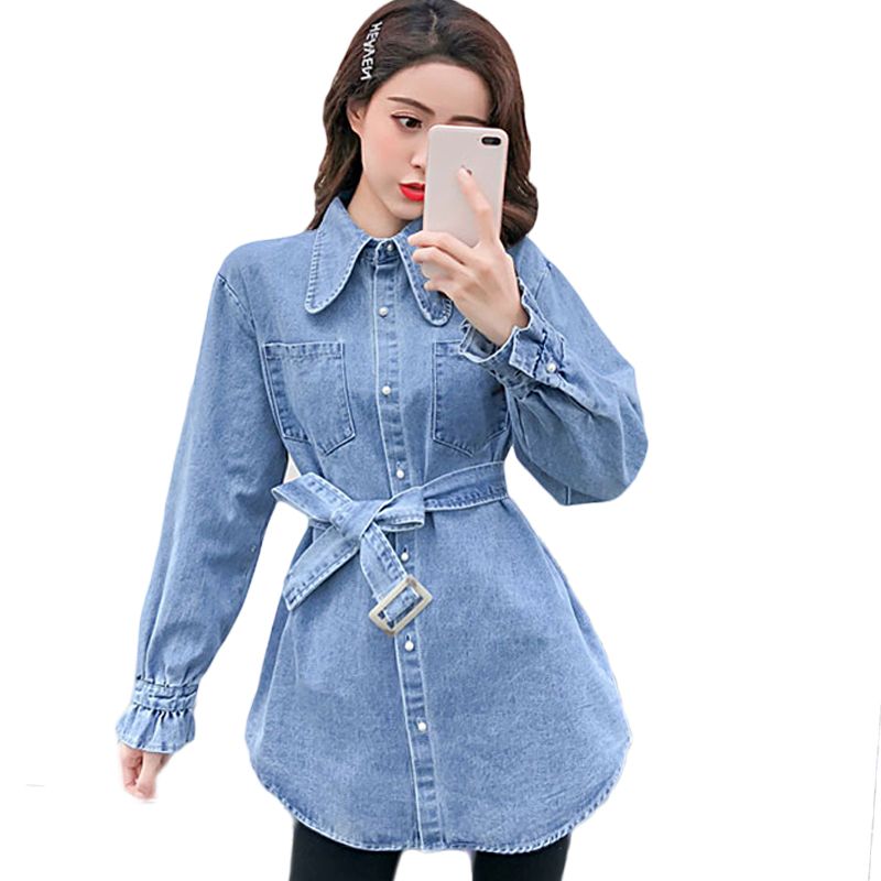 2019 Korean Style Las Slim Denim Coats Fashion Turn Down Collar Long Sleeve Belt Tops Jeans Jacket Women Streetwear Cm1189