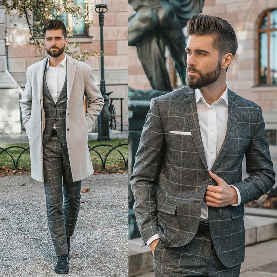Fashion Gray Check Mens Groom Wedding Suits Groom Peaked Lapel Formal ...