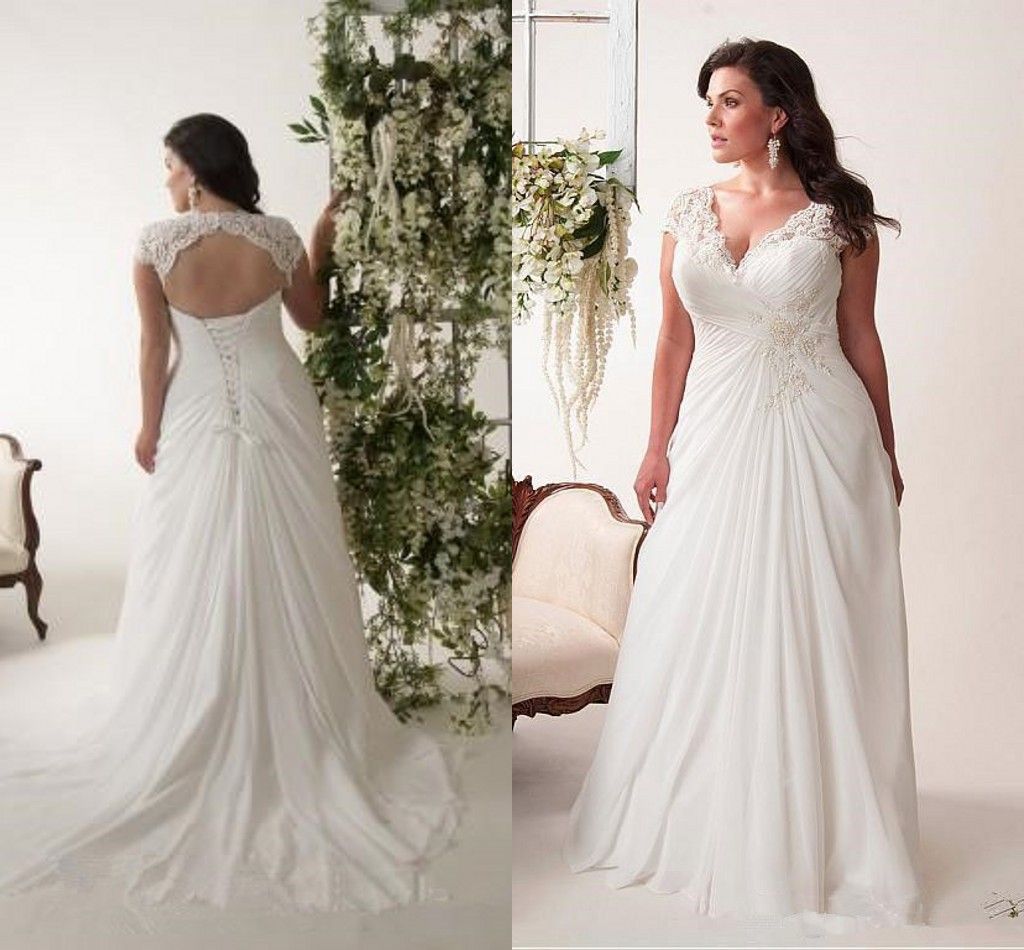 Discount Plus Size Beach Wedding Dresses Lace Chiffon Pleated Cap
