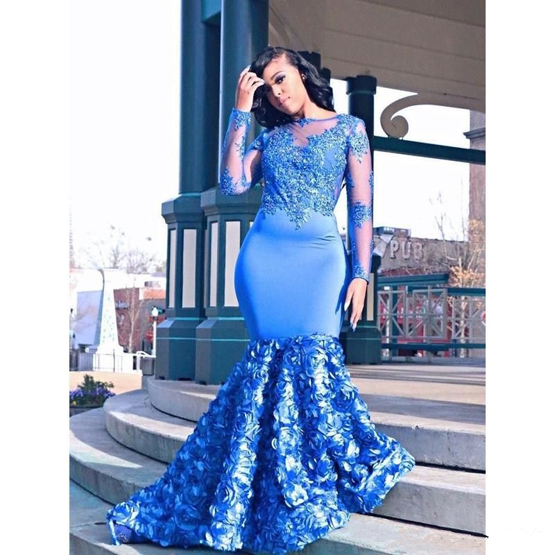 2019 New Royal Blue Long Mermaid Prom Dresses Long Sleeves Lace ...