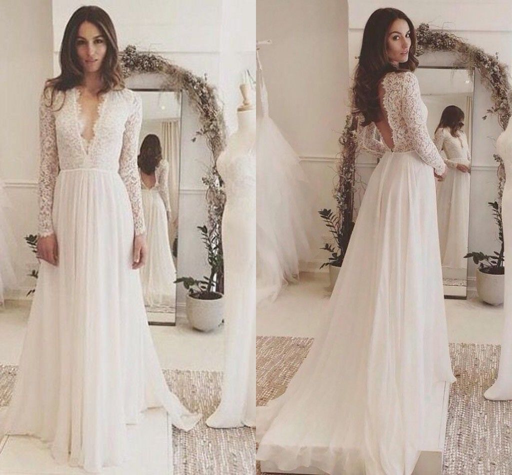 Illusion Long Sleeve Beach Wedding Dress 2019 Sexy Deep V
