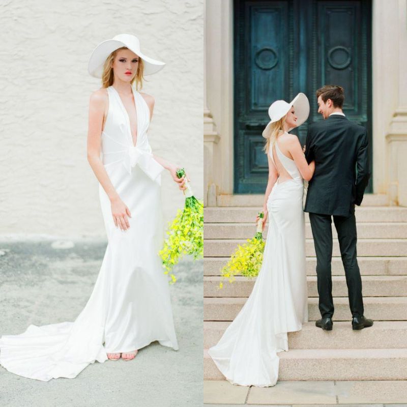 Simple Sheath Country Wedding Dresses Deep V Neck Big Bow Front