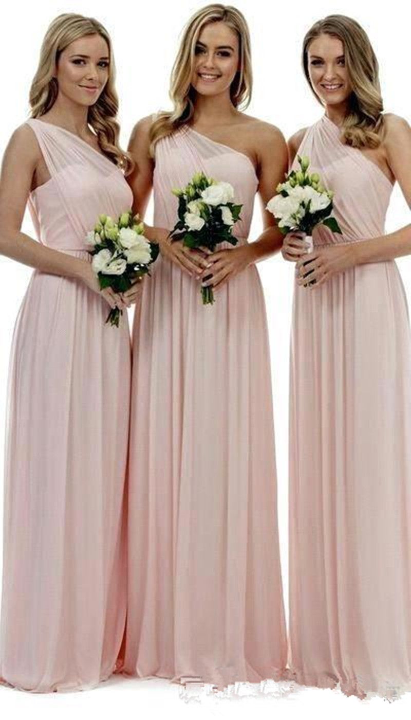 New Blush Pink One Shoulder Bridesmaid Dresses A Line Chiffon Pleats